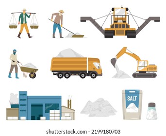 Salt production flat set with machinery workers and finished product isolated against white background vector illustration