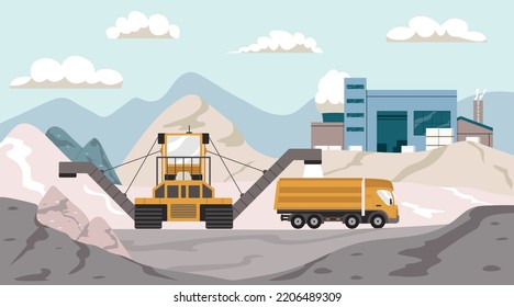 Salt production harvesting process with machinery flat vector illustration
