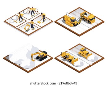 Salt production isometric 2x2 set of isolated compositions with platforms and workers with open pit machinery vector illustration