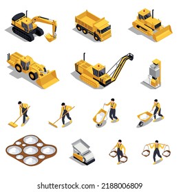 Salt production isometric set with isolated icons of industrial facilities workers with machinery and yellow vehicles vector illustration