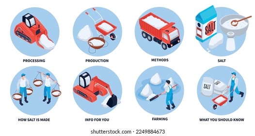 Salt production round set with production and methods symbols isometric isolated vector illustration