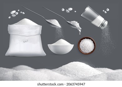 Salt realistic composition with set of sack spoons and dish isolated icons with piles of salt vector illustration