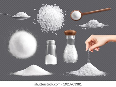 Salt realistic set of isolated icons piles of edible salt of different fracture with salt cellars vector illustration