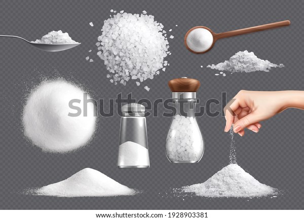 Salt\
realistic set of isolated icons piles of edible salt of different\
fracture with salt cellars vector\
illustration
