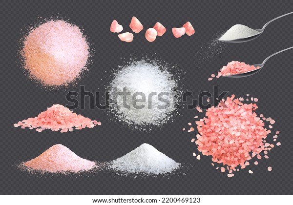Salt realistic set. Piles of different types\
of edible salt of different fracture with spoons and close-up of\
salt crystals isolated on transparent background. \
Top view.\
Realistic vector\
illustration
