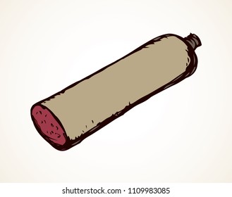 Salt red butcher pig cervelat kielbasa bratwurst in light beige wrap on white pub backdrop. Bright pink color hand drawn fresh butchery shop menu logo sign in retro doodle style with space for text