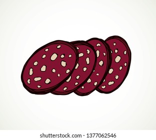 Salt red butcher pig cervelat kielbasa bratwurst in brown wrap on white picnic backdrop. Bright color hand drawn fresh butchery shop menu emblem logo sign in retro doodle style with space for text