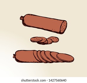 Salt red butcher pig cervelat kielbasa bratwurst in brown wrap on white picnic backdrop. Bright pink color hand drawn fresh butchery shop menu emblem logo sign in retro doodle style on space for text