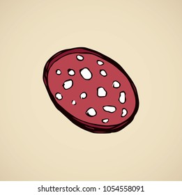 Salt red  pig  kielbasa bratwurst in brown wrap on backdrop. retro doodle style and space for text