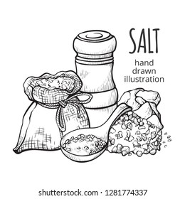 Salt in a sack hand drawn set. Natural ingredient used for seasoning or preserving food. Vector illustration on white background
