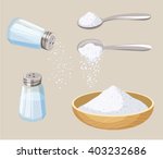 Salt set: shaker, spoon and bowl. Do pour. Baking and cooking ingredient. Cartoon vector food seasoning. Kitchen utensils