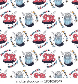 Salt shaker and 50%. Seamless pattern on a white background. Cute vector illustration.