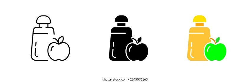 Salt shaker with apple set icon. Sugar, Sweetness, sugar cubes, tea, saucepan, cup, diabetes, sugar bowl, flour. Dessert concept. Vector icon in line, black and colorful style on white background