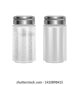 The Salt shaker. Baking and cooking ingredient. Realistic vector illustration. salt grinder, shaker or mill, side view, colorful illustration Food seasoning. Kitchen utensils