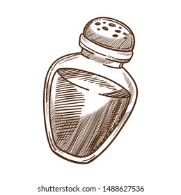 Salt shaker, baking and cooking ingredient or spice isolated sketch vector Food seasoning, kitchen utensil, salty powder in glass container with dispenser. Natural mineral, culinary and cuisine