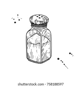 Salt Shaker. Baking And Cooking Ingredient. Salt Mill Vector Drawing. Sketched Food Seasoning. Spice Container