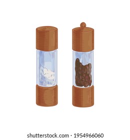 Salt shaker and black pepper mill or grinder from wood and glass. Bottles filled with condiments or seasonings. Saltshaker and container with peppercorns. Drawn vector illustration isolated on white