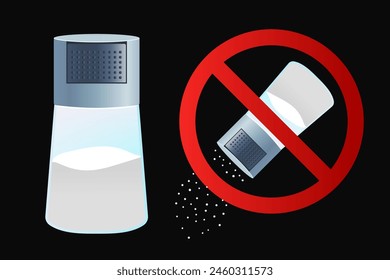 Salt Shaker Flat Vector Illustration on Black Background. Salt Shaker with No Sign. Salt Not Allowed