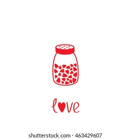 Salt shaker with hearts crystals inside. Glass container. Line icon. Love card. Flat design. Isolated. White background. Vector illustration.