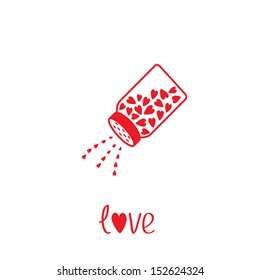 Salt shaker with hearts inside. Card. Vector illustration.