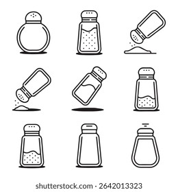 Salt Shaker Icon Set Collection. Simple Line Art Icons of Salt Shakers Dispensing Salt

