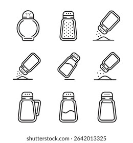 Salt Shaker Icon Set Collection. Simple Line Art Icons of Salt Shakers Dispensing Salt
