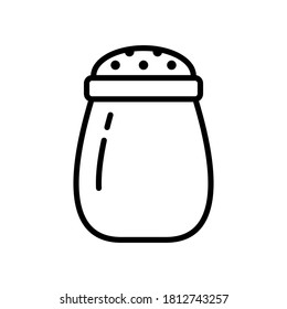 Salt shaker. Linear icon of kitchen utensils, spice jar. Black simple illustration of perforated container for sprinkling salt. Contour isolated vector emblem, white background