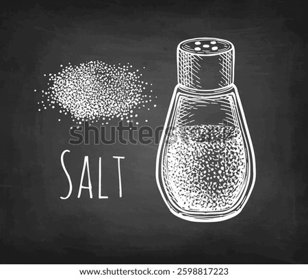 Salt shaker and pile of fine salt. Chalk sketch on blackboard background. Hand drawn vector illustration. Retro style.