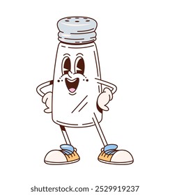 Salt shaker retro groovy kitchenware and utensil character. Isolated cartoon vector culinary personage with a smiling face, cheerful expression and wearing sneakers, exudes a playful and friendly vibe