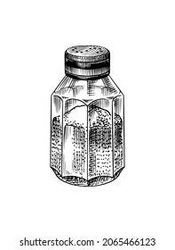 Salt shaker. Seasoning or spice for cooking food and drinks Hand Drawn engraved sketch for t-shirt.