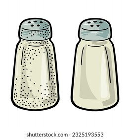 Salt shaker. Vintage black and color vector engraving illustration for label, poster, web. Isolated on white background