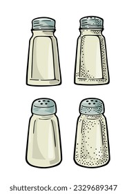 Salt shaker. Vintage black and color vector engraving illustration for label, poster, web. Isolated on white background