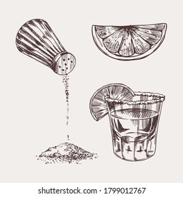 Salt and a shot of tequila and lime. Retro poster or banner. Engraved hand drawn vintage sketch. Woodcut style. Vector illustration.