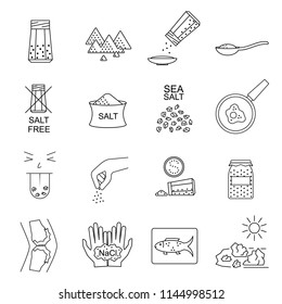 Salt Signs Black Thin Line Icon Set Include of Spoon, Sprinkle Hand, Saltcellar and Fish. Vector illustration of Icons