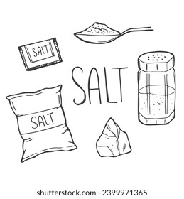 Salt sketch. Hand drawn spoon, bowl and bag with sea salting crystals for bath or cook.