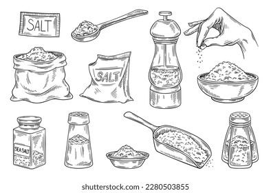 Salt sketch set. Hand drawn wooden spool and bag, salt shaker and human palm with pinch. Spice and ingredient for cooking delicious food. Cartoon flat vector illustrations isolated on white background