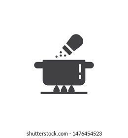 Salt soup pan vector icon. Saucepan on the fire and salt shaker filled flat sign for mobile concept and web design. Cooking instructions glyph icon. Symbol, logo illustration. Vector graphics