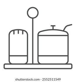 Sal e temperos ícone da linha fina da bandeja, conceito de cozinha. Gráficos vetoriais. Sinal de sal e pimenta no fundo branco, ícone de estilo de contorno para design móvel ou web