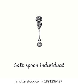 Salt spoon individual serving with retro style decor. Ink black and white drawing woodcut vintage style  illustration