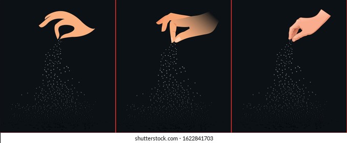 salt sprinkling. human hands vector.