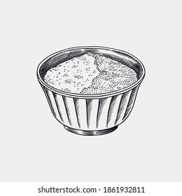 Salt or sugar in a bowl. Spices or cereals in vintage style. Cooking ingredient. Hand Drawn engraved sketch for menu. Monochrome style. Vector illustrations