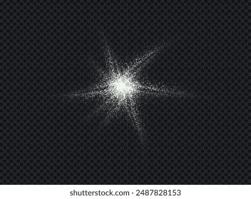 Salt or sugar crystal powder, flying dust particles. White dust grain texture isolated on dark background. Crushed granules of sand or flour in star form. Vector illustration of spilled powder