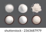 Salt sugar flour set of isolated white powder piles dishes top view images on transparent background vector illustration