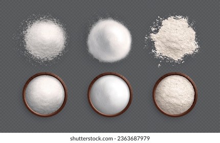 Salt sugar flour set of isolated white powder piles dishes top view images on transparent background vector illustration