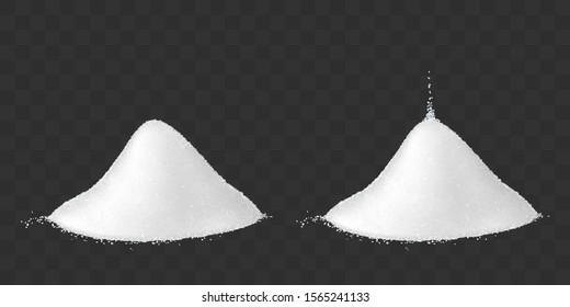 Salt or sugar pile isolated on transparent background. Vector mockup of realistic two heaps of white loose seasoning