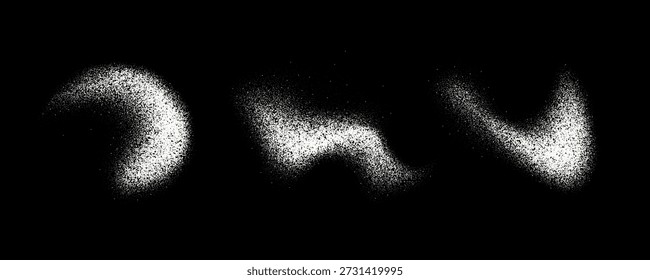 Salt or sugar powder splashes. White dust, sand or snow texture piles. Flying flower particles burst. Spices flakes or granules scattered on surface. Vector stipple sprayed grit speckles, dots, pieces