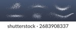 Salt or sugar powder spray set with white particles for cooking and baking design. Scattered granules on transparent background. Food seasoning effects for culinary graphics or kitchen recipes.