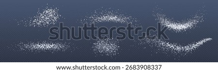 Salt or sugar powder spray set with white particles for cooking and baking design. Scattered granules on transparent background. Food seasoning effects for culinary graphics or kitchen recipes.