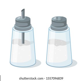 Salt And Sugar Shakers Flat Vector Illustration. Filled Glass Containers For Salty And Sweet Condiments. Cooking Ingredients, Seasoning Dispenser. Small Plastic Bottles For White Powdered Spices