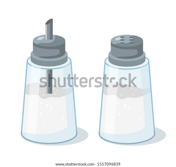 Salt and sugar shakers flat vector illustration.\
Filled glass containers for salty and sweet condiments. Cooking\
ingredients, seasoning dispenser. Small plastic bottles for white\
powdered spices